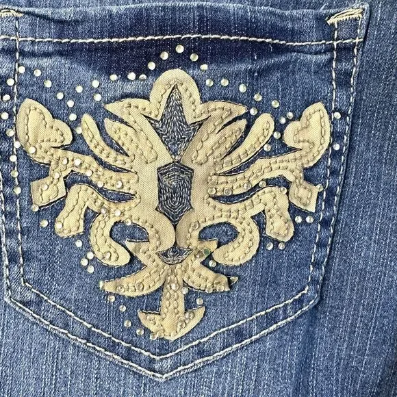 Cache Bootcut Jeans Women’s Blue Denim Stretch Rhinestones Embroidered Sz 2 - Picture 7 of 16
